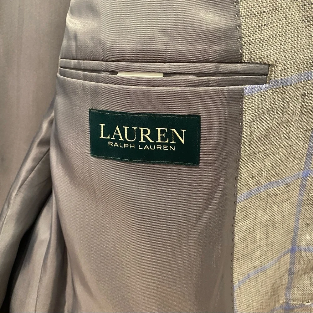 Lauren Ralph Lauren Men's Blazer Size 44R Gray Blue Windowpane Linen Sport‎ Coat